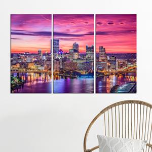 Lienzo impreso con paisaje nocturno urbano y horizonte de la ciudad: arte vibrante para pared, JUEGO DE 3 LIENZOS - Product Image 1