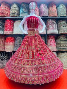 Grand Velvet Bridal Lehenga Choli Unstitched Mirror & Jarkan Embellishments with Heavy Flair Long Blouse & Dupatta for Weddings - Product Image 5
