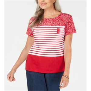Top a scollo rotondo a righe rosse Karen Scott XS con bandana, traspirante - Product Image 2