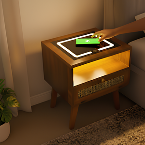 Table d'appoint moderne et intelligente en bois avec tiroir à lumière LED sans fil et design en rotin pour une décoration élégante de la chambre à coucher - Product Image 5
