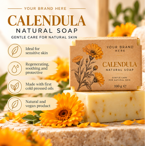 Saponetta Naturale alla Calendula con Etichetta Privata 100g |   Lenitivo per Pelli Sensibili Vegano |   Produttore OEM Spagna - Product Image 2