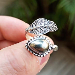 <b>Adjustable</b> Boho Jewelry-Natural Pyrite Leaf <b>Ring</b> Sterling Silver Handmade Inlay Free Gift for Her Birthday Anniversary Christmas - Product Image 2