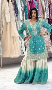 Haga de su día una experiencia hermosa con nuestro conjunto de Kurti, Plazzo y Dupatta de tela de seda pura GMY con cuello redondo y trabajo de lentejuelas para compradores mayoristas. - Product Image 2