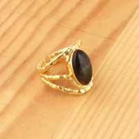 Bijoux de mode en gros, pierre précieuse naturelle, forme ovale, bague réglable, plaqué or 18 carats, texture de designer, anneaux à trois couches