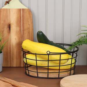 Panier de rangement en métal avec base en bois Panier à fruits et légumes pour organisateur de cuisine panier noir - Product Image 5