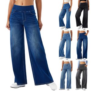 <b>Women</b> Pockets Straight Wash Vintage <b>Jeans</b> Fashion <b>Elastic</b> <b>Waist</b> Wide Leg Denim <b>Jeans</b> <b>Women's</b> Pants & Trousers Casual Streetwear - Product Image 1