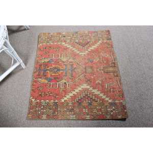 Vintage Turkish Small Eco-Friendly Latex Backing Rug 2.6x3.1 ft <b>Red</b> Blue Patchwork <b>Wool</b> Rug - Product Image 1
