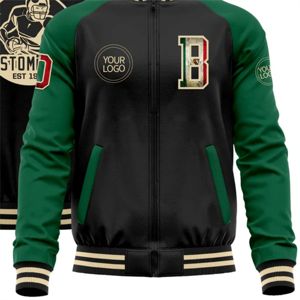 OEM Custom Manufacturing Whole Black Vintage Mexican Flag Kelly Green-<b>Neutral</b> Bomber Varsity Letterman Two Tone Zipper Jacket - Product Image 6