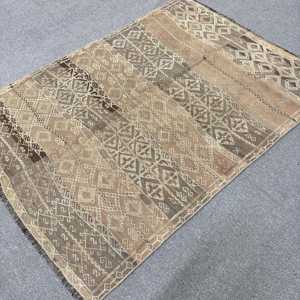 4.1x5.7 ft Turkish Rug, Kilim Rug, <b>Brown</b> Patchwork Rug <b>Wool</b> - Product Image 2