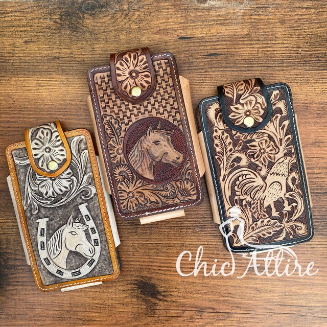 OEM Hand Tooled Phone Case Belt Loop Clip Phone Bag Hiking Walking Climbing Sport Waist Bag Genuine Leather Cellphone Holster