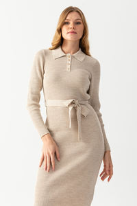 Elegante y cómodo vestido de pana informal para mujer, cuello Polo, mangas de punto, características, patrón de cintura Natural, decoración - Product Image 4