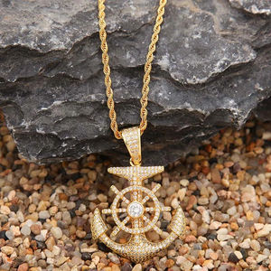 Collier pendentif ancre en or 14 carats plaqué or, serti de diamants moissanite, style hip-hop, vente en gros de bijoux fantaisie - Product Image 4