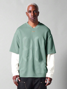 เสื้อยืดแนวสตรีทแขนยาวผ้าวาฟเฟิลสองชั้นพิมพ์ลายทางไหล่ทรงหลวมโอเวอร์ไซส์ผ้าดิบผ้าคอตตอน100% - Product Image 2