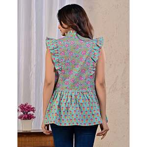 Haut en coton imprimé floral vert Jaal, style vintage, vêtement décontracté pour femme, coupe courte, taille unique XL, longueur courte, tissu popeline tricoté - Product Image 5
