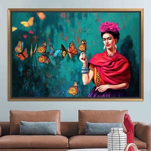 Impresión en Lienzo de Frida Kahlo con Mariposas: Elegante Regalo de Arte Mural Personalizado, Lienzo con Marco Dorado - Product Image 1