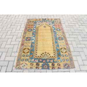 Alfombra Turca Vintage, Alfombra de 3.5x5.4 pies, Alfombra de Lana con Rayas Amarillas y Azules - Product Image 1