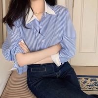 Vente Chaude Chemisier Rayé Français à Manches Longues pour Femmes, Top Élégant Vintage Décontracté, Vêtement d'Extérieur Teint Uni pour Printemps, Été et Automne