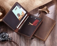 Dompet Kartu Kredit Kulit Asli Buatan Tangan Pria Vintage Minimalis Tahan Air Tipis Pendek Terbuka untuk Saku Depan Dapat Disesuaikan