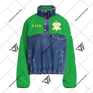 Vêtements de sororité personnalisé Chi Eta Phi sweat-shirt boutonné hybride en fourrure de denim brodé veste en jean salopette - Product Image 1