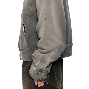 Boxy personnalisé Fit 500GSM Heavyweight hommes sweats à capuche lavés Vintage en détresse recadrée lavage à l'acide sweat à capuche zippé tissu confortable - Product Image 6