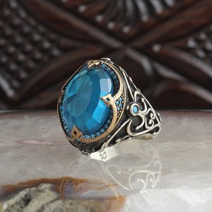 Anillo de Plata de Ley 925 para Hombre con Piedra de Topacio Azul, Estilo Otomano Hecho en Turquía, Modelo RCEGYT-596 - Product Image 1
