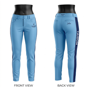 Pantalons de baseball pour femmes, qualité supérieure, tissu polyester et élasthanne 240 GSM, couleur rose avec panneaux latéraux blancs, logo imprimé personnalisé - Product Image 3