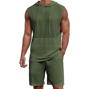 2025 conjuntos cortos de chándal para hombre, conjunto de 2 piezas de verano de color liso, conjunto informal sin mangas con capucha y pantalones cortos - Product Image 2