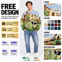 FNJIA Sweter Rajut Pria Katun Lembut Motif Hewan Alam Jacquard Multiwarna Leher Bulat Santai Cocok untuk Musim Dingin Sehari-hari Kasual Gaya Jalanan