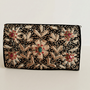 Gulnaar Garden Zardozi Embroidered Evening <b>Clutch</b> Satin Lined Party <b>Bag</b> Floral Square Rhinestone Crystal Brass Pearl Chain - Product Image 1