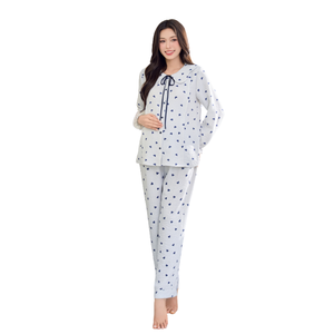 B2 <b>MUM</b> B873 Long-sleeved Linen Sleep Bottom Heart Stripes Ruffled Collar (Lotus Petal Design) Soft Lightweight Maternity - Product Image 1
