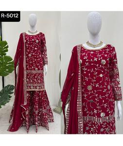 Traje de boda de estilo indio y pakistaní Faux Georgette Sharara con hilo y trabajo de secuencia Salwar Kameez con talla grande - Product Image 1