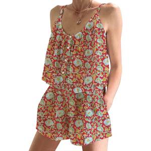 Ensemble de pyjama en coton pur de luxe imprimé à la main en Inde, de haute qualité, printemps/été, ajusté, sans manches, à bretelles - Product Image 1