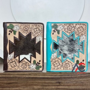 <b>A4</b> Size Hand Tooled Leather Certificate Holder Cowhide Turquoise Multifunctional Portfolio With Zippered Closure & Ring Binders - Product Image 1