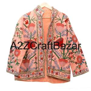 Women's Handmade Knitted Floral Suzani Embroidery Ruffles Cotton V-neck Short Bomber Jacket Vintage Boho Winter Wear Wholesale - Product Image 6