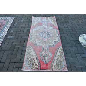 Vintage Rug 2.9x6.8 ft, <b>Red</b> Blue Bordered <b>Wool</b> Turkish Rug - Product Image 1