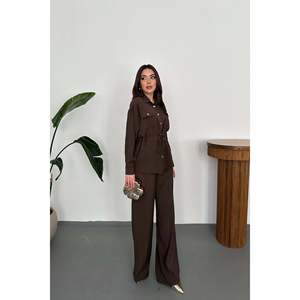 Brown Button Detail Shirt And Ribbed <b>Trousers</b> - Brown - Product Image 2