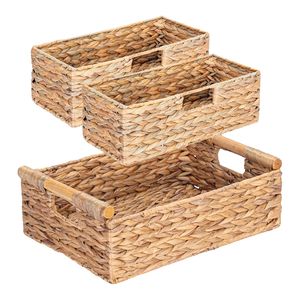 Top shopping Ensemble de 3 pièces de paniers de rangement en jacinthe d'eau avec poignées en bois pour étagères de salle de bain pour organiser le papier toilette - Product Image 1