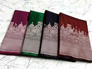 Sari en soie Mashru Katan tissé de Banaras Ganga Ghat pour femmes - Tenue de fête traditionnelle avec protection solaire et tissu à séchage rapide - Product Image 4