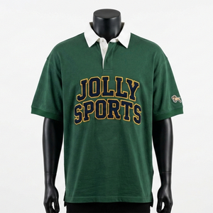 เสื้อรักบี้ชาย ผ้าคอตตอนหนา GSM ทอแบบ Pique สีเขียวเข้ม ปกสีขาว ปักโลโก้ Chenille แบบกำหนดเอง เสื้อรักบี้ชายสำหรับเสื้อโปโล - Product Image 5