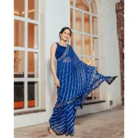 Sari Banarasi Leheriya Bleu Cloche, Chiffon Pur de Haute Qualité, Robe Ethnique Indienne, Taille Unique pour Filles, Tenue de Soirée, Bollywood, Pakistan