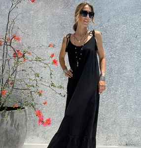 Robe maxi dos nu en coton pour femmes avec ourlet à volants, robe de plage bohème ample, sans manches, à nouer aux épaules, longue robe d'été - Product Image 4