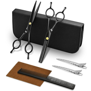 Juego de Tijeras Profesionales para Peluquería Canina, Kit de Peluquería Canina de Acero Inoxidable, Tijeras Curvas de Entresacar y Peine para Mascotas, Gatos, Negro, 5 en 1 - Product Image 4