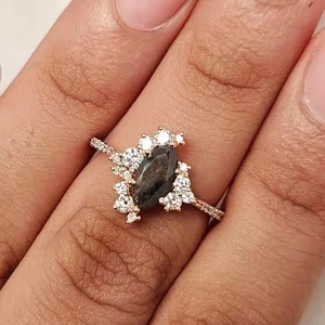 Oro sólido 18K Joyería fina Anillo de plata esterlina 925 Corte Negro Marquesa Diamante cultivado en laboratorio Anillo de compromiso clásico Mujeres 14K 18K - Product Image 1