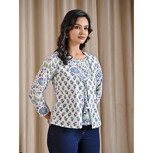 Top de punto verde de algodón estampado a mano para mujer - Product Image 5