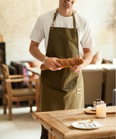 Apron Kain Kanvas Hijau Zaitun Profesional, Tahan Lama, untuk Memasak di Dapur, Apron Koki dengan Tali Pengikat yang Dapat Disesuaikan, Apron Pelayan Kafe Modern