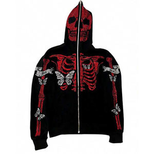 Full Face <b>Red</b> Skeleton Zip <b>Hoodies</b> Oversized Streetwear Gothic Skull Mask Rhinestone Butterfly Design Fleece Bling Custom Logo - Product Image 2