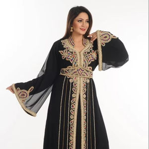 Black Zari work Georgette estilo islámico fiesta usar piedras y cuentas incrustadas caftán árabe - Product Image 1