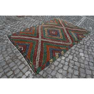 Tapis traditionnel en laine rouge vert 5.6x8.5 pieds Vintage turc grande surface Patchwork motif pour salon décor couloir Latex - Product Image 3