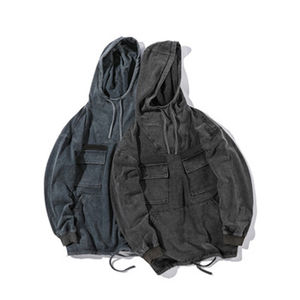 Sudadera con capucha de lavado ácido de algodón 100% para hombres y mujeres Apliques bordados desgastados con parches Teñidos lisos para uso en invierno - Product Image 2