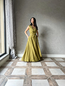 Robe longue élégante à manches longues pour femmes, vert olive, ceinture, été, coton écologique, lavable, taille naturelle, décontractée, resort - Product Image 2